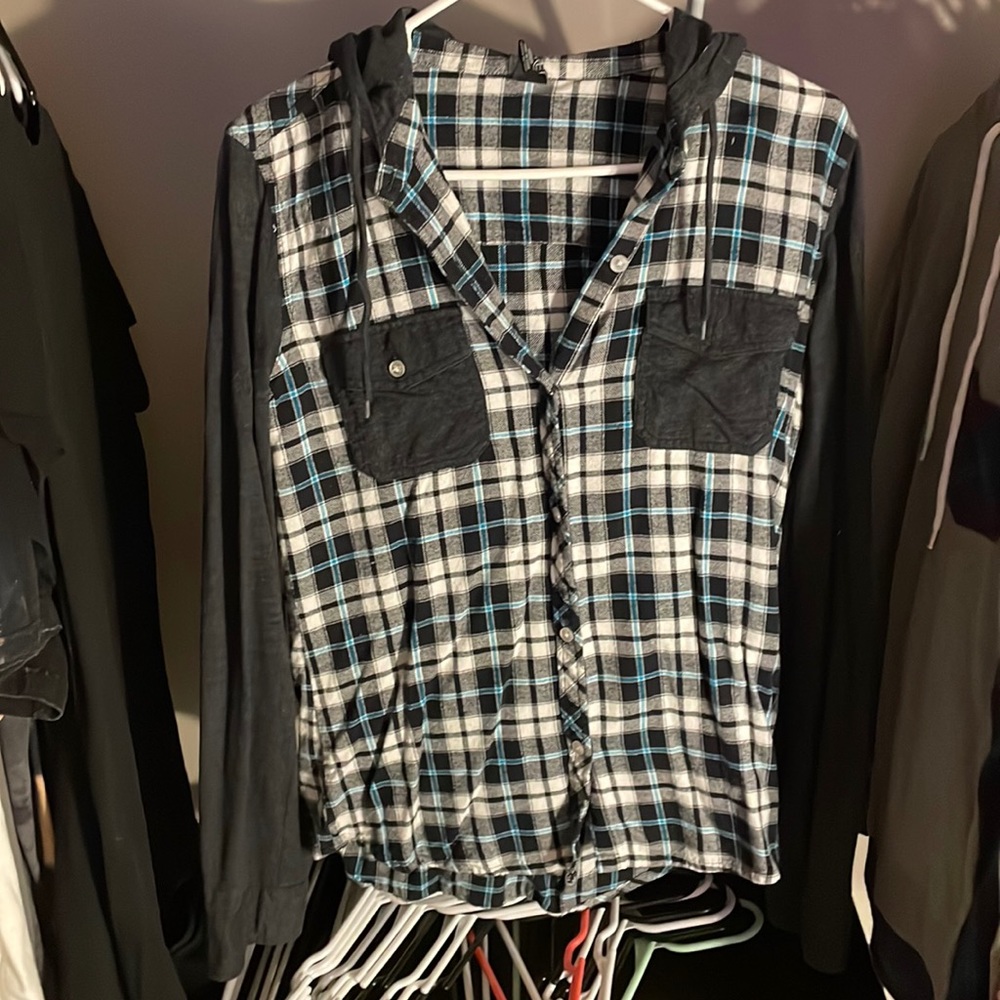 Empyre hooded flannel. Blue/black/white. Size medium.